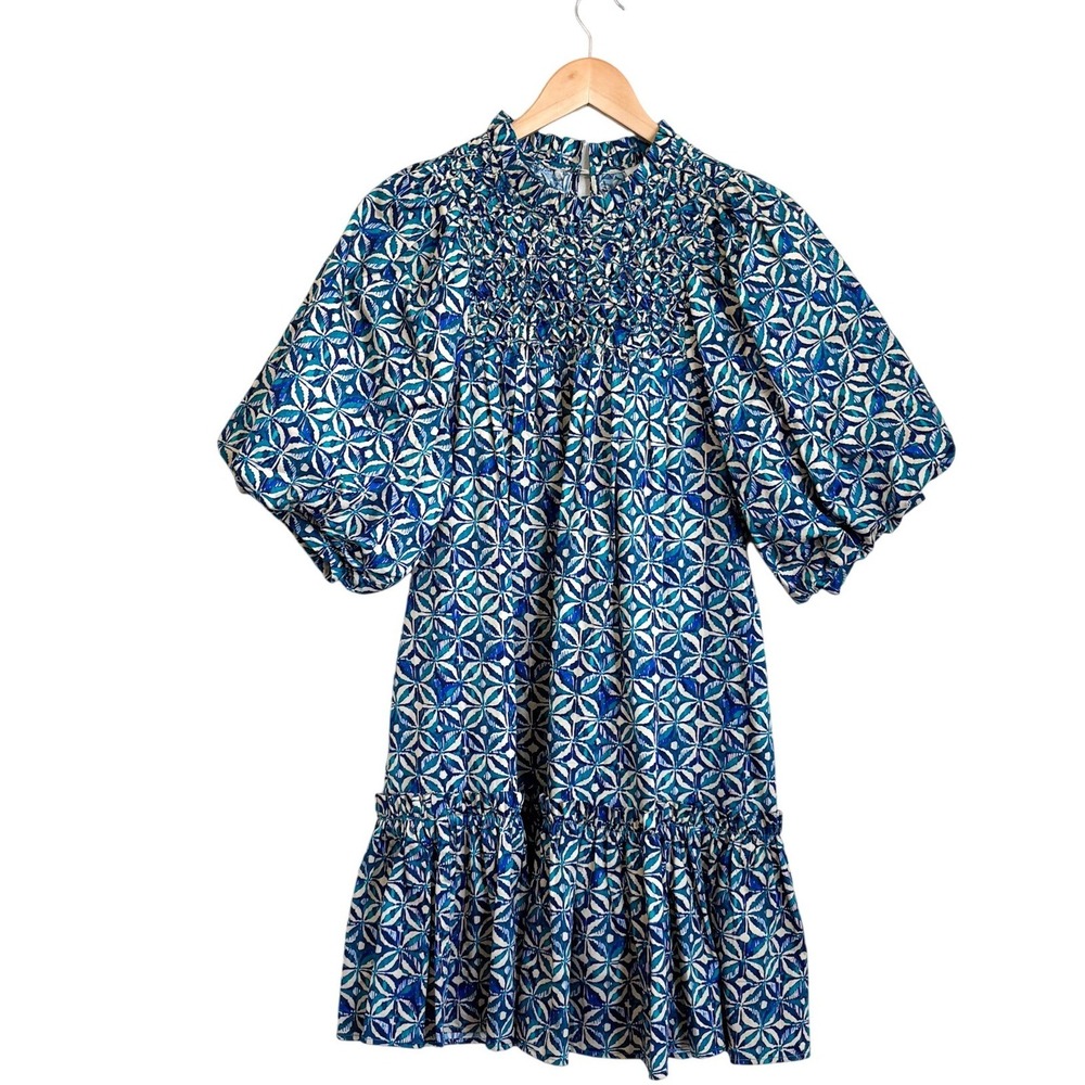 Tyler Boe Pippen Pinwheel Geometric Ruffle Dress Size S Blue Teal Balloon Sleeve